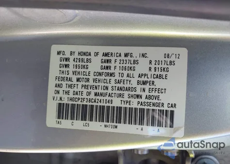 2012 Honda Accord 2.4 Lx z USA, uszkodzony, nr VIN 1HGCP2F38CA241049